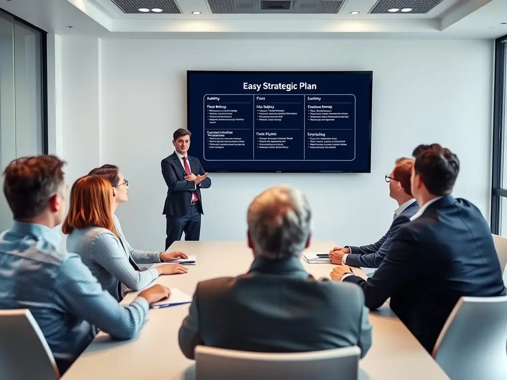 A professional business consultant presenting a strategic growth plan to a group of executives in a modern office setting, highlighting collaboration and forward-thinking solutions for business clients.
