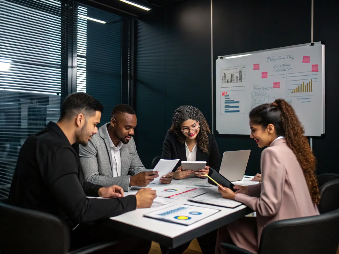 A professional team of consultants collaborating around a modern conference table, reviewing charts and business strategy documents, representing business strategy consulting for B2B clients.