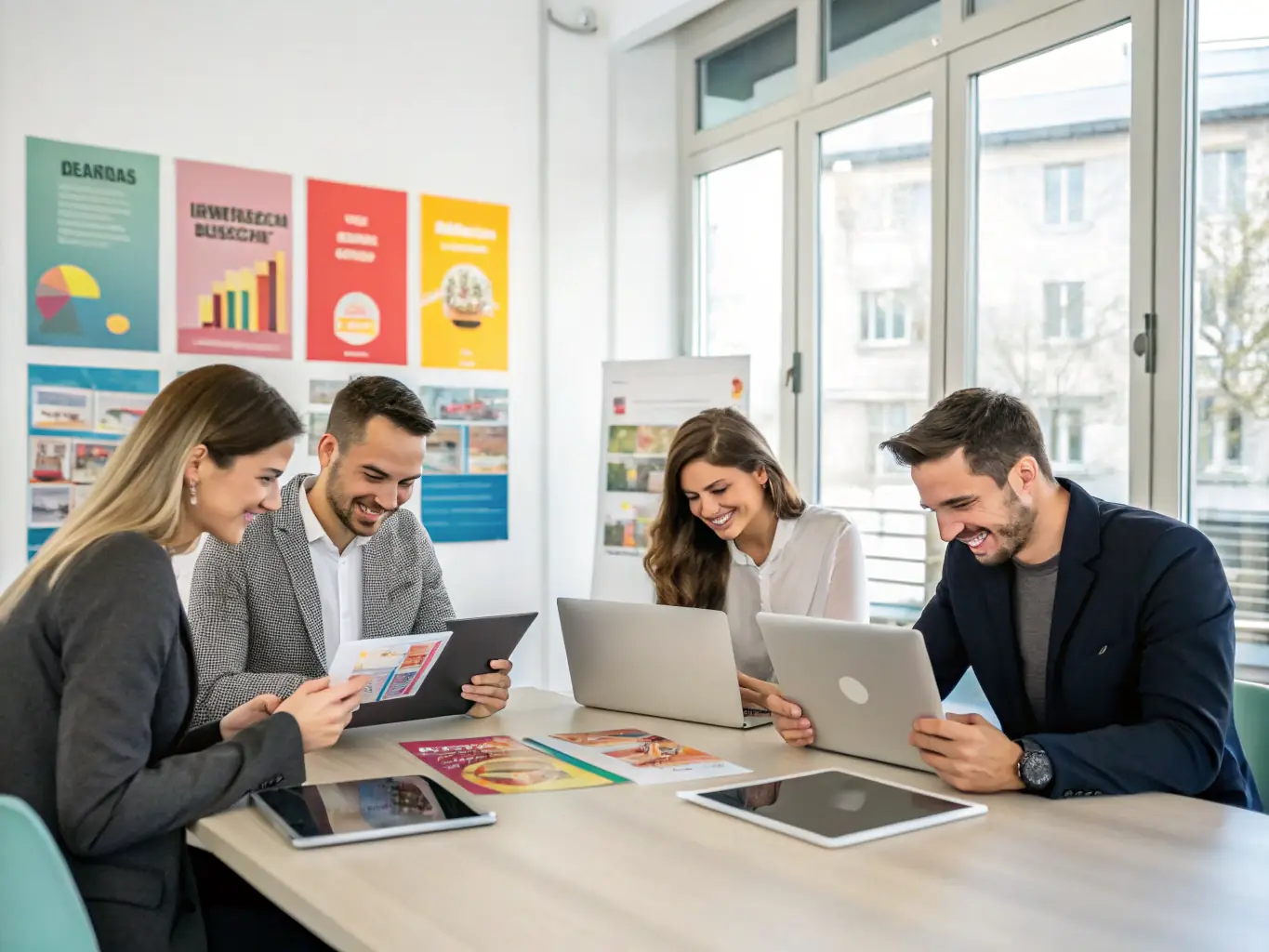 A creative team brainstorming branding ideas with mood boards, color palettes, and advertising mockups on a conference table, symbolizing innovative brand development and advertising strategies.