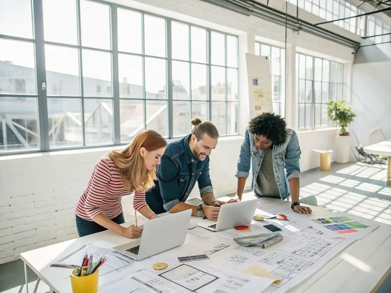 A creative team brainstorming and designing a brand logo, surrounded by advertising materials and mood boards, capturing the essence of branding and advertising for corporate clients.