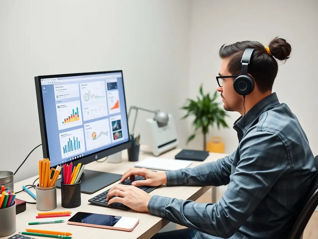 A digital marketer analyzing campaign performance metrics on a laptop, surrounded by charts and digital marketing icons, representing data-driven lead generation and online visibility improvement.