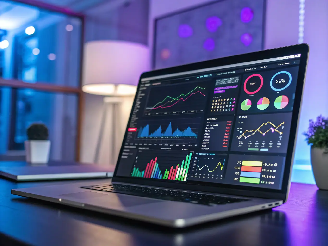 A computer screen displaying digital marketing analytics dashboards, with vibrant graphs, SEO metrics, and social media icons, illustrating digital marketing and lead generation services for business clients.